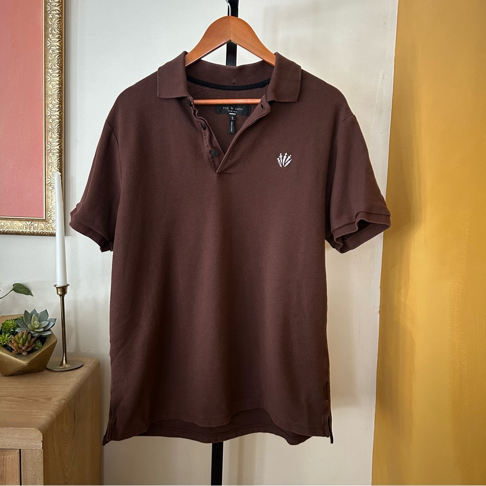 Rag‎ & Bone Men’s Pique Polo Shirt Dagger Short Sleeve 100% Cotton Brown Size L